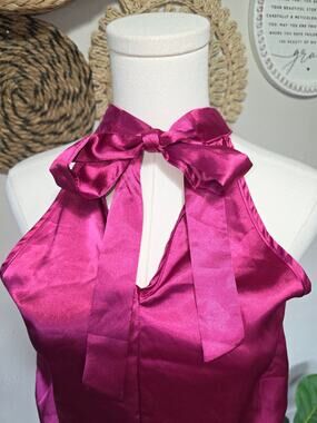 Vintage y2k Studio Y Magenta Pink Satin Halter Top Bow Blouson Clubwear Womens M